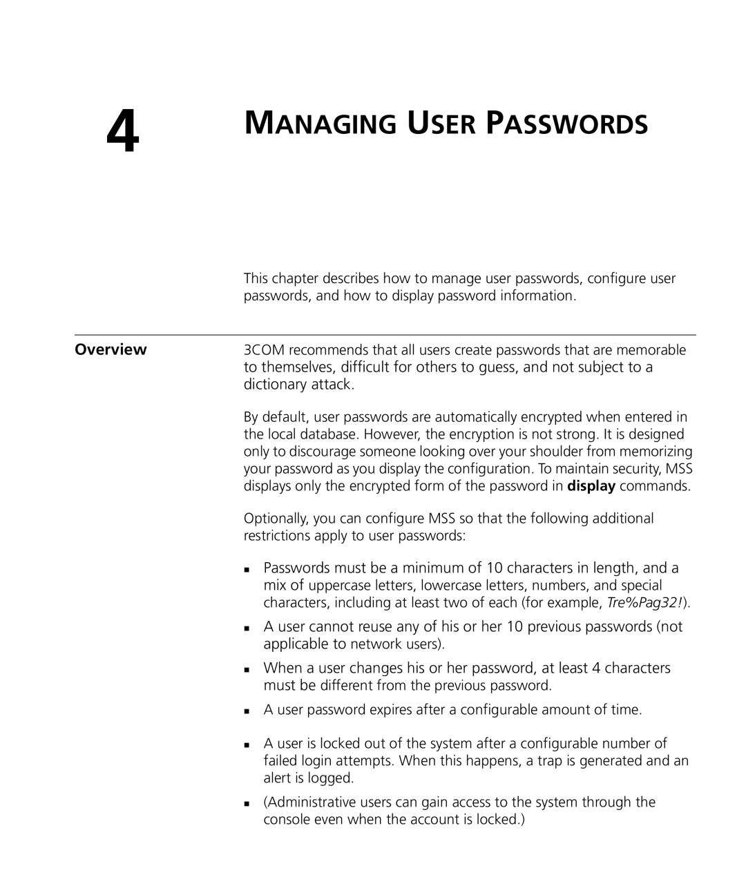 3Com WX4400 3CRWX440095A manual Passwords, and how to display password information, Restrictions apply to user passwords 