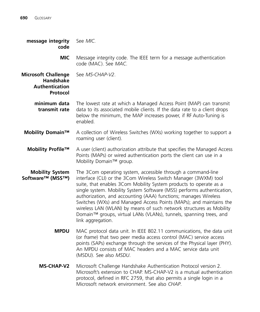 3Com WX1200 3CRWX120695A, WXR100 3CRWXR10095A, WX4400 3CRWX440095A, WX2200 3CRWX220095A manual Mic, Mpdu, MS-CHAP-V2 