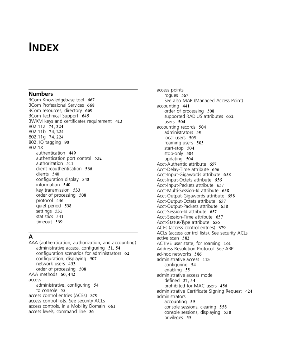 3Com WX2200 3CRWX220095A, WXR100 3CRWXR10095A, WX4400 3CRWX440095A, WX1200 3CRWX120695A manual Index, Numbers 