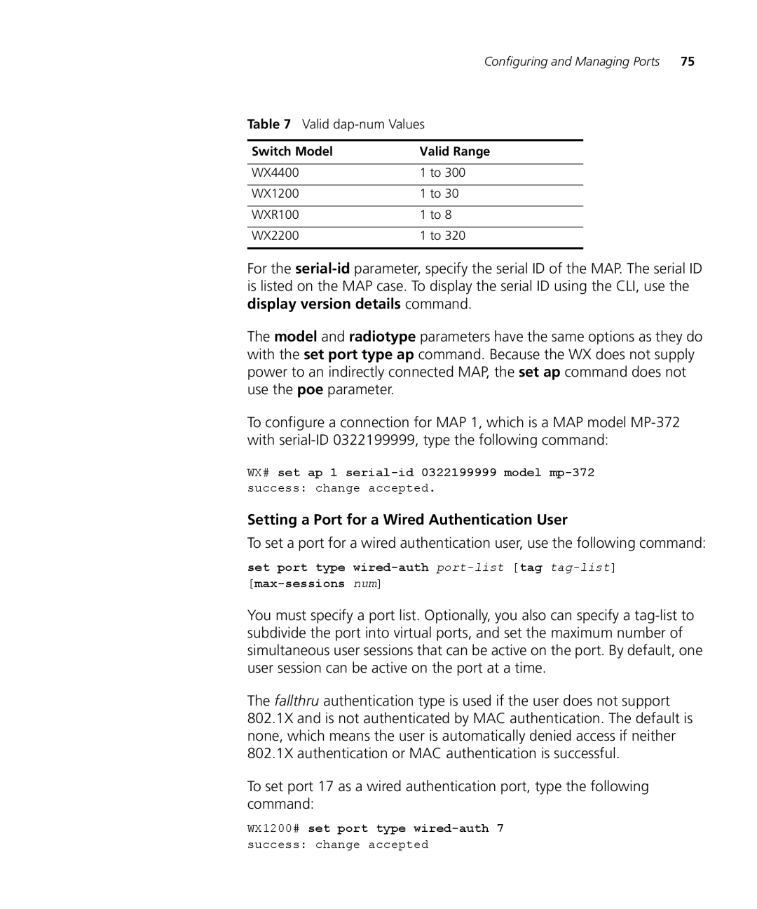 3Com WX2200 3CRWX220095A Setting a Port for a Wired Authentication User, Valid dap-num Values, Switch Model Valid Range 