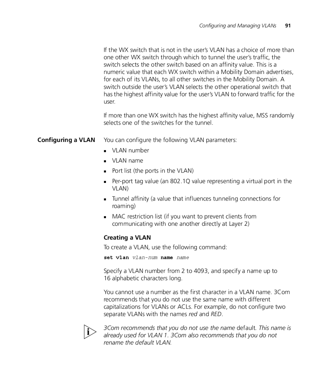 3Com WX2200 3CRWX220095A manual Creating a Vlan, To create a VLAN, use the following command, Set vlan vlan-numname name 