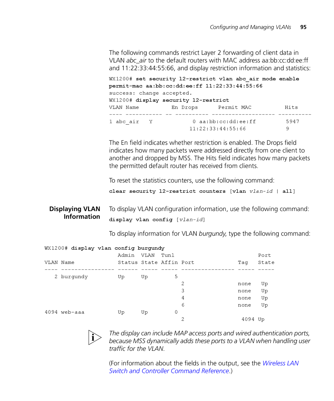 3Com WX2200 3CRWX220095A, WXR100 3CRWXR10095A Security l2-restrict, Clear security l2-restrict counters vlan vlan-idall 