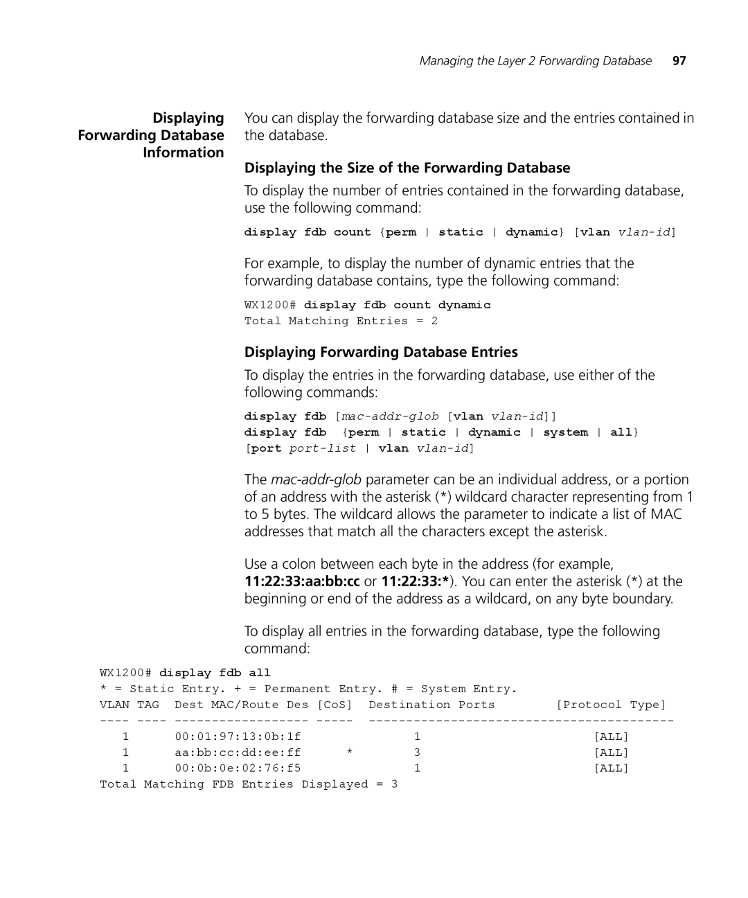 3Com WX4400 3CRWX440095A, WXR100 3CRWXR10095A manual Information Displaying the Size of the Forwarding Database 