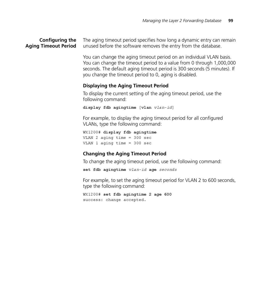 3Com WX2200 3CRWX220095A, WXR100 3CRWXR10095A manual Displaying the Aging Timeout Period, Changing the Aging Timeout Period 