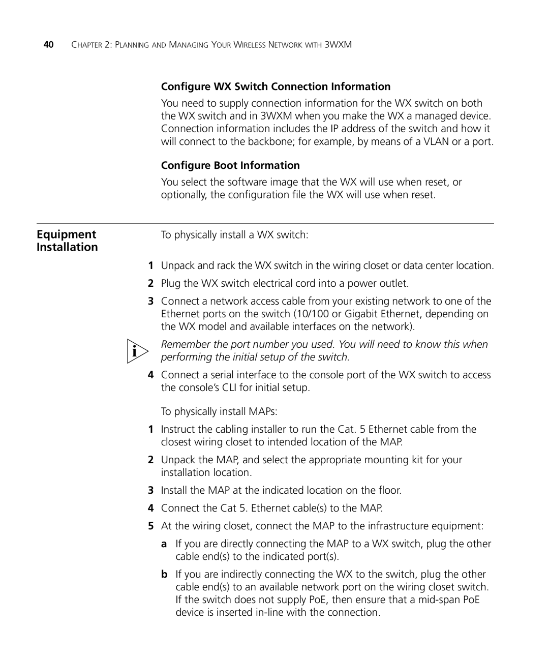 3Com WX4400 3CRWX440095A manual Equipment, Configure WX Switch Connection Information, Configure Boot Information 