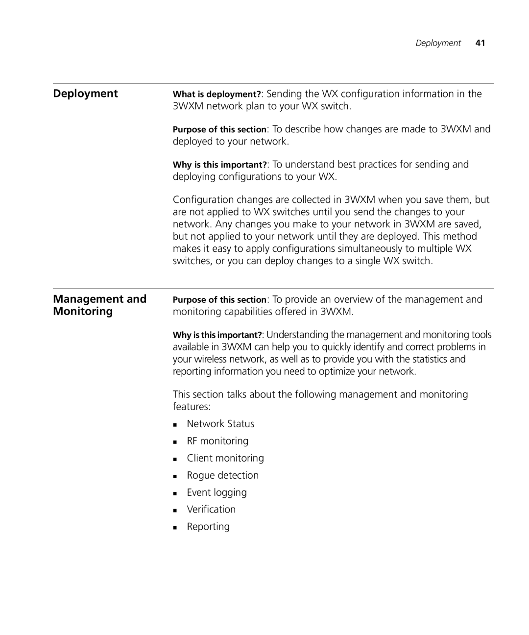 3Com WX1200 3CRWX120695A, WXR100 3CRWXR10095A, WX4400 3CRWX440095A manual Deployment, Management, Monitoring 