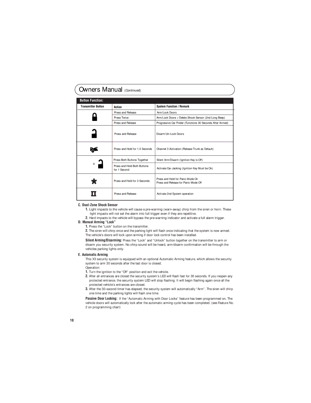 3Com X3 owner manual Dual-Zone Shock Sensor, Manual Arming Lock, Automatic Arming 