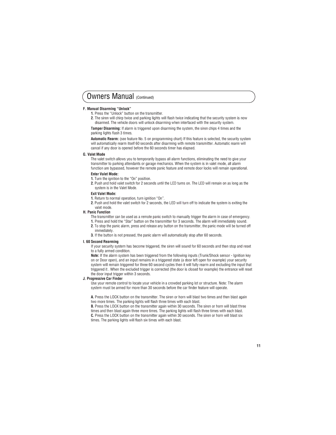 3Com X3 owner manual Manual Disarming Unlock, Enter Valet Mode, Exit Valet Mode, Panic Function, Second Rearming 