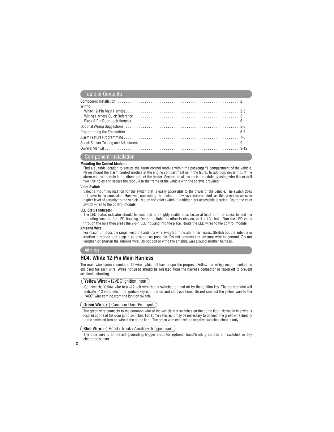 3Com X3 owner manual Table of Contents, Component Installation, Wiring, HC4 White 12-Pin Main Harness 