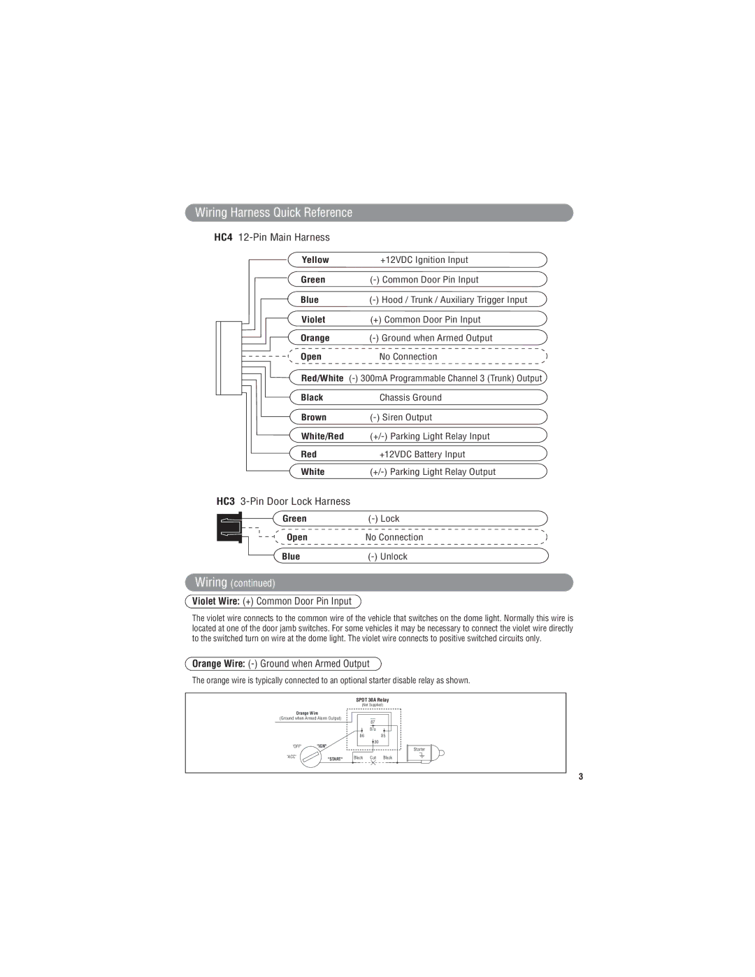 3Com X3 owner manual Wiring Harness Quick Reference, HC4 12-Pin Main Harness, HC3 3-Pin Door Lock Harness 