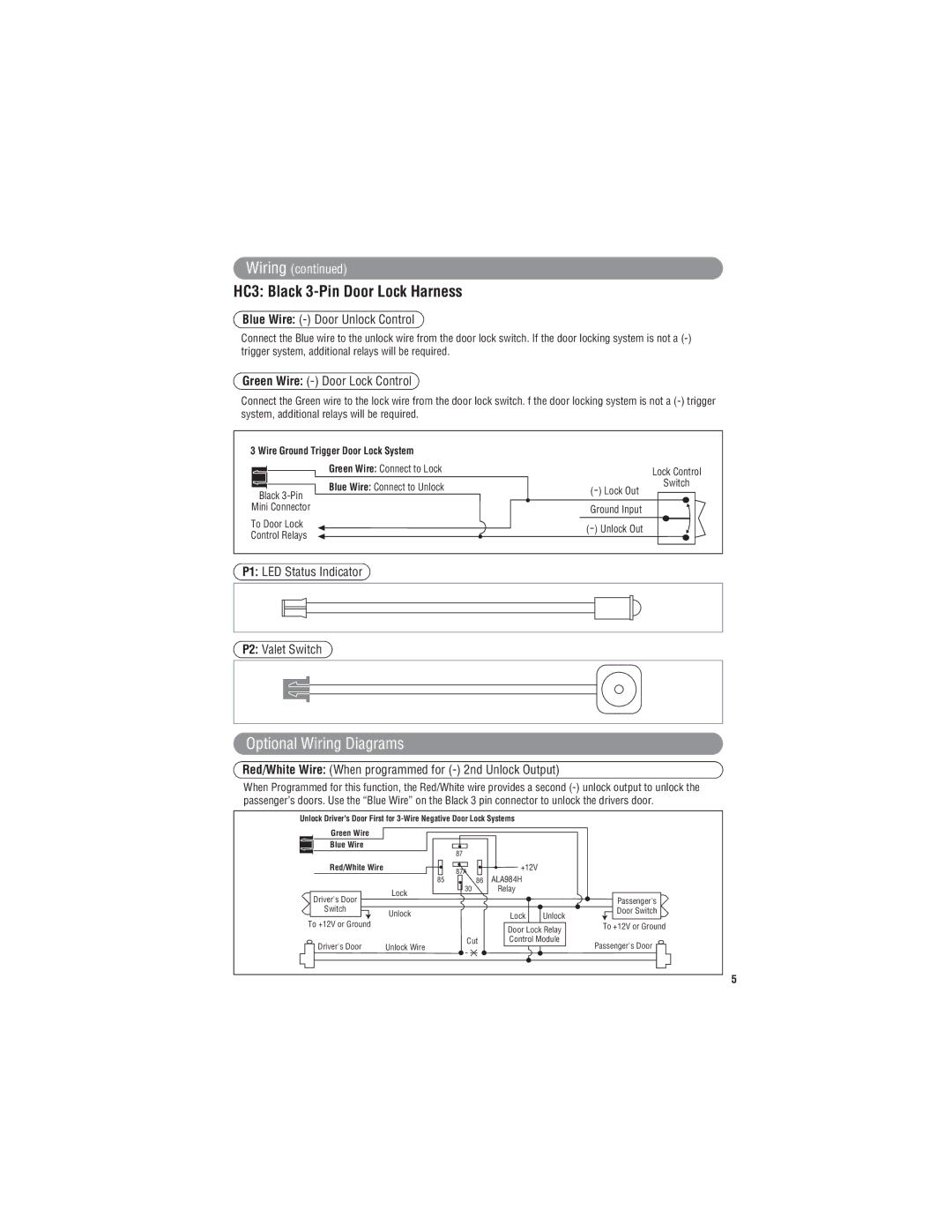 3Com X3 owner manual HC3 Black 3-Pin Door Lock Harness, Optional Wiring Diagrams 