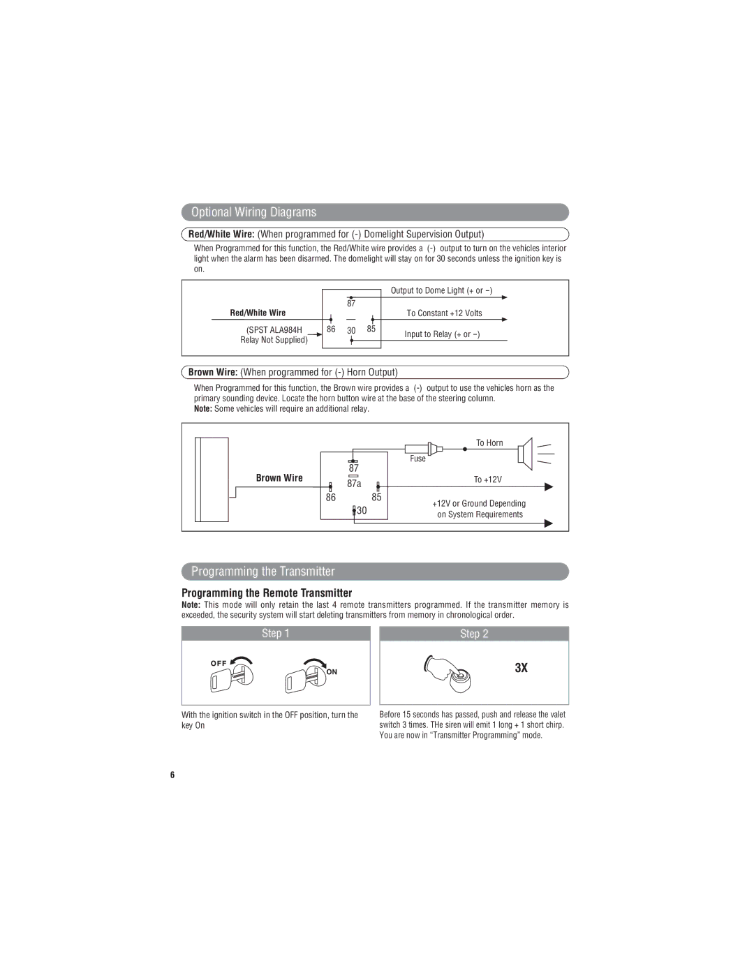 3Com X3 owner manual Programming the Transmitter, Brown Wire When programmed for Horn Output 