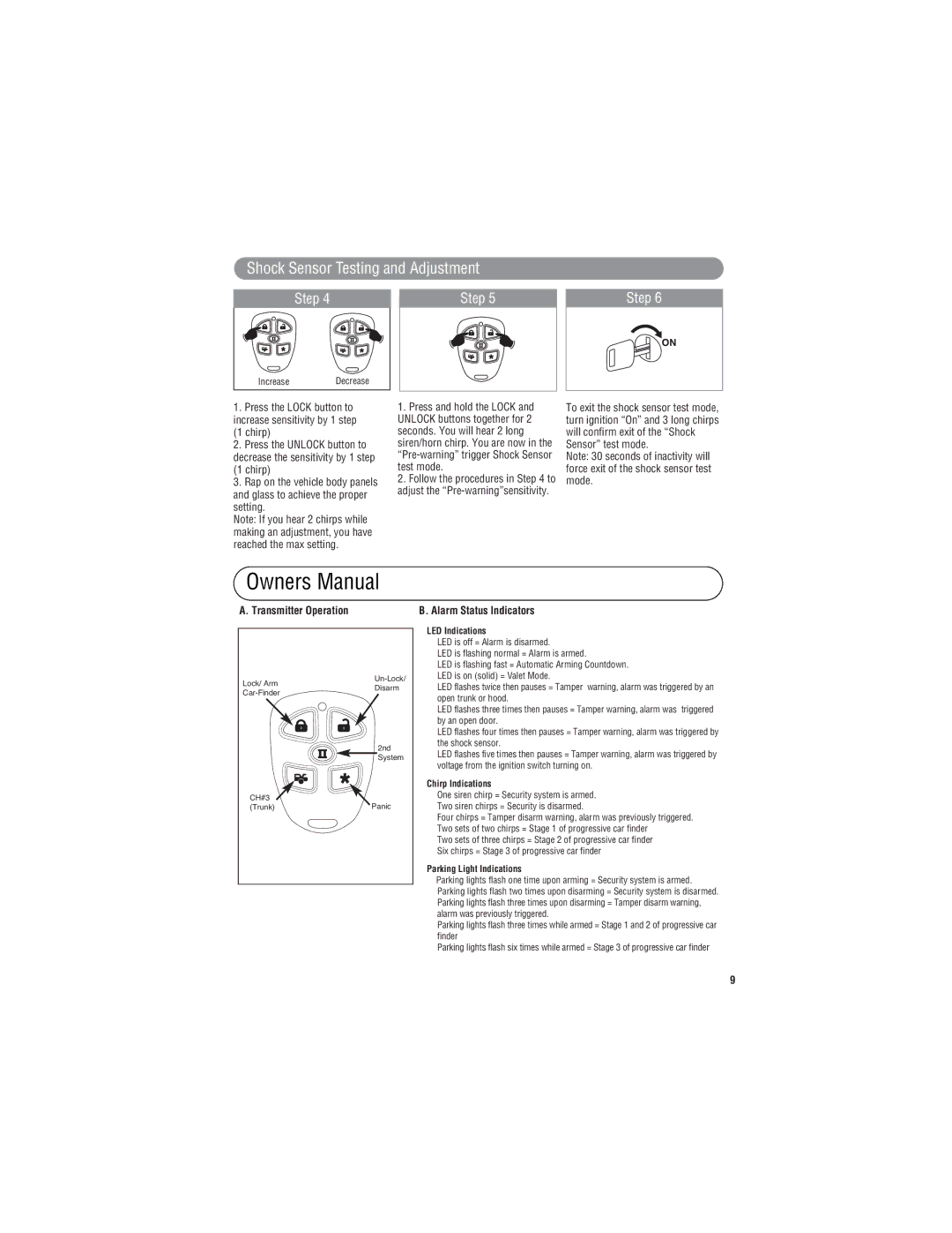 3Com X3 owner manual Shock Sensor Testing and Adjustment, Transmitter Operation Alarm Status Indicators 