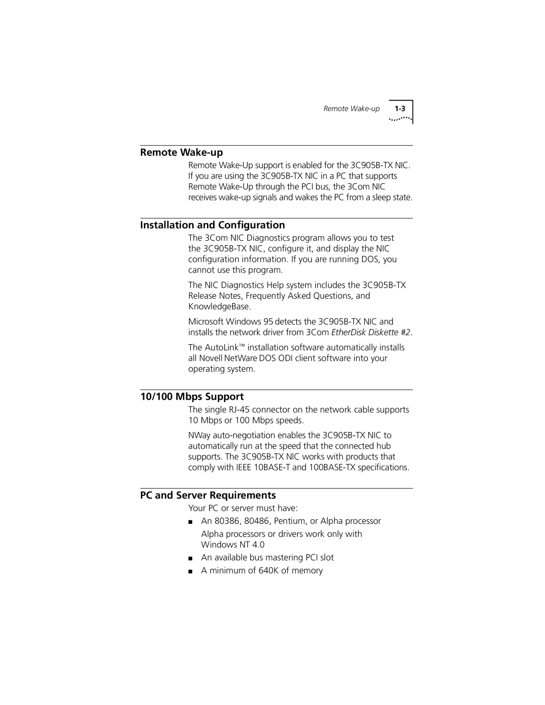 3Com XL PCI manual Remote Wake-up, Installation and Conﬁguration, 10/100 Mbps Support, PC and Server Requirements 
