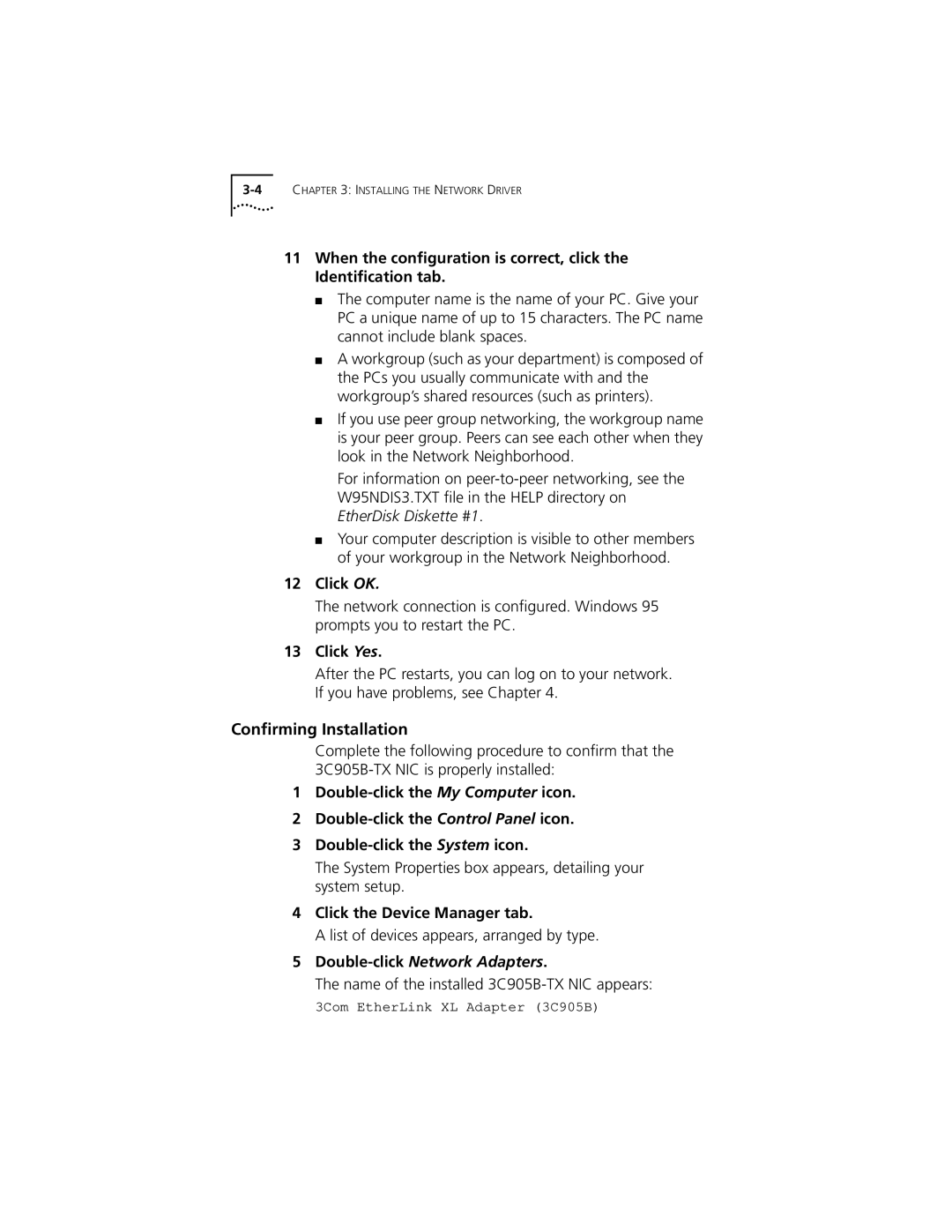 3Com XL PCI manual Conﬁrming Installation, Click OK, Click Yes, Click the Device Manager tab 