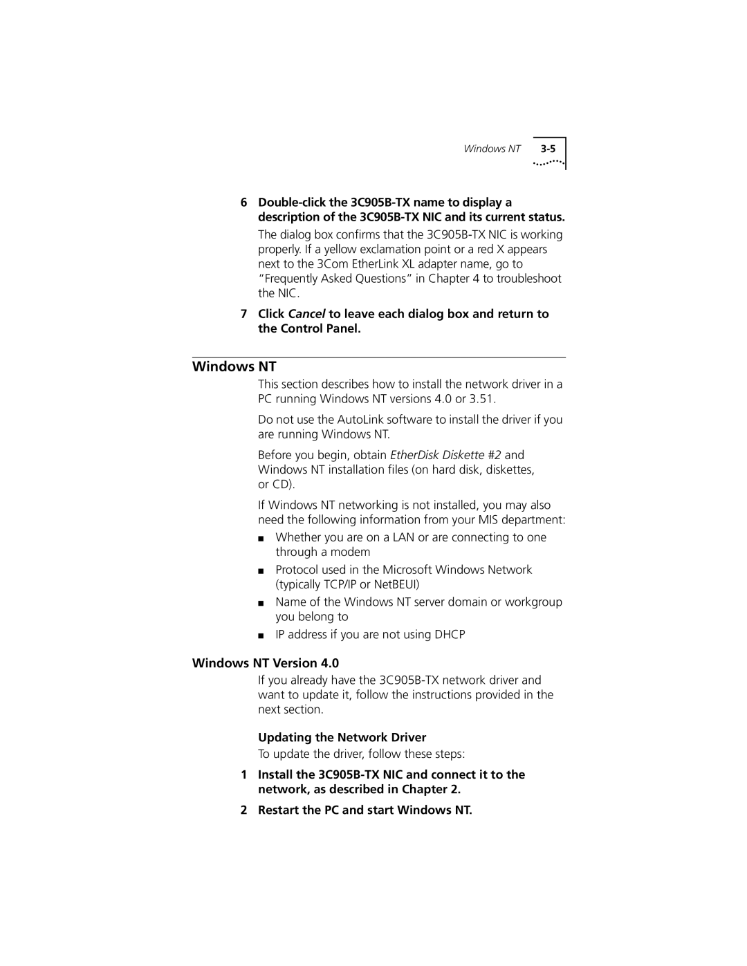 3Com XL PCI manual Windows NT Version, Updating the Network Driver 