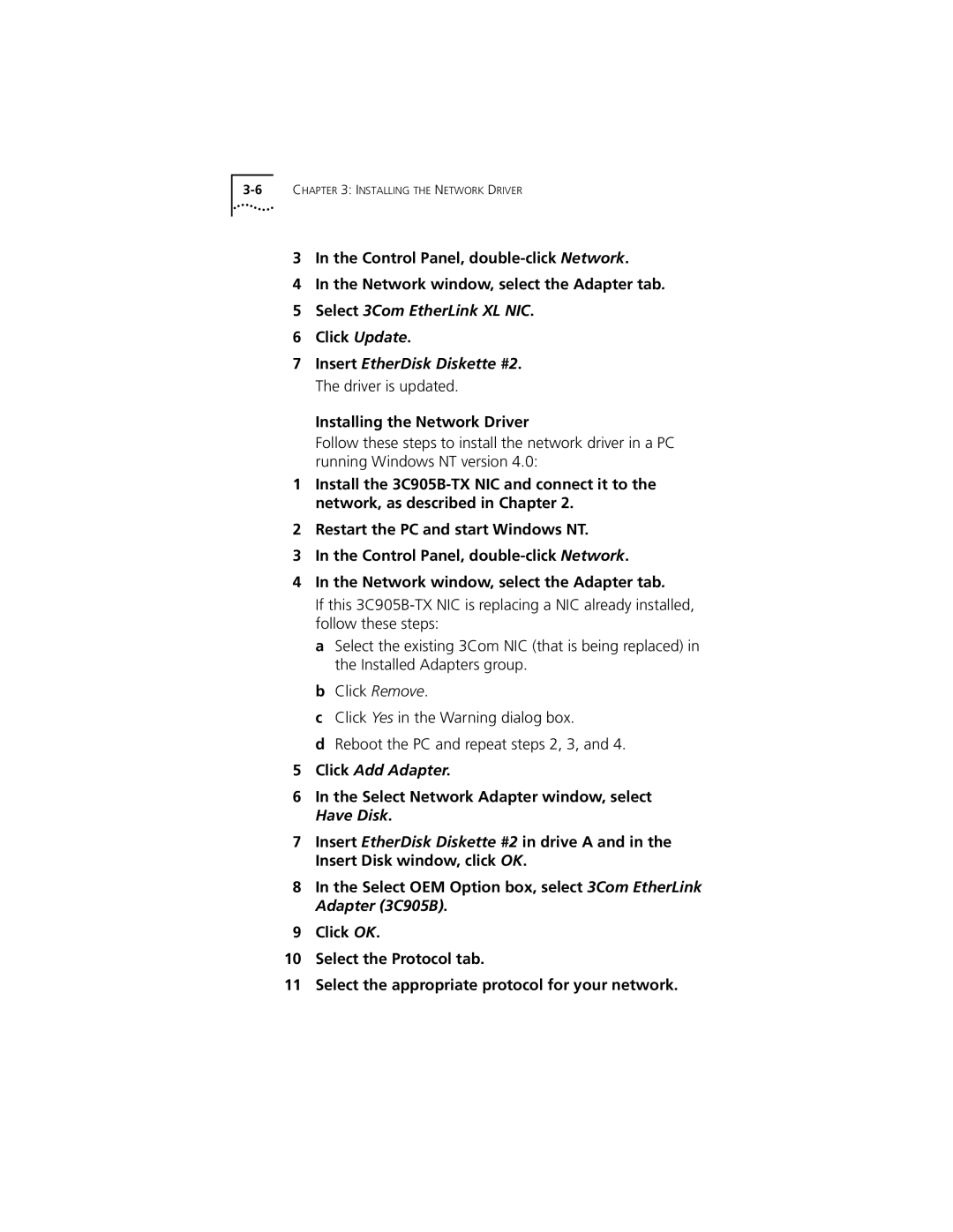 3Com XL PCI manual Click Update, Installing the Network Driver 