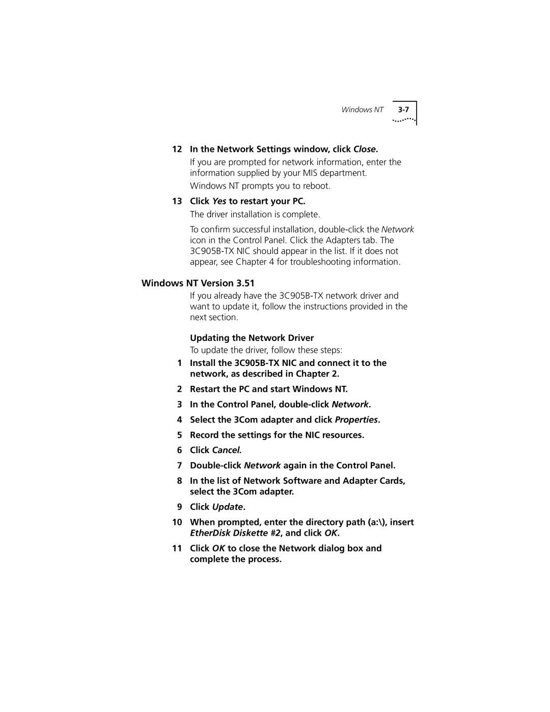 3Com XL PCI manual Network Settings window, click Close, Click Cancel 