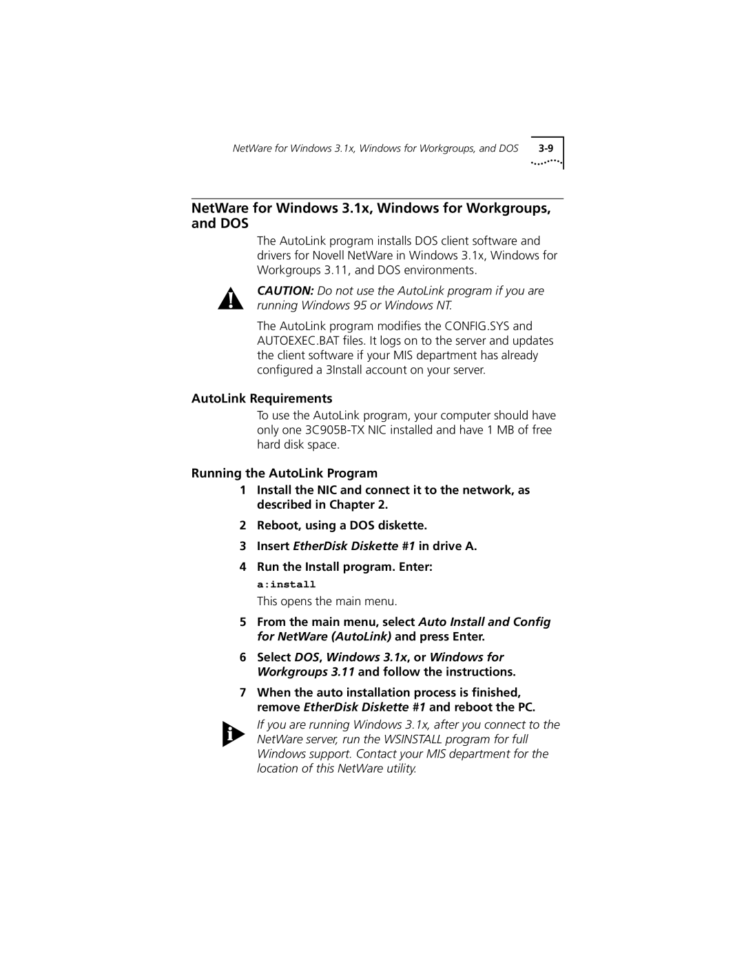 3Com XL PCI NetWare for Windows 3.1x, Windows for Workgroups, and DOS, AutoLink Requirements, Running the AutoLink Program 