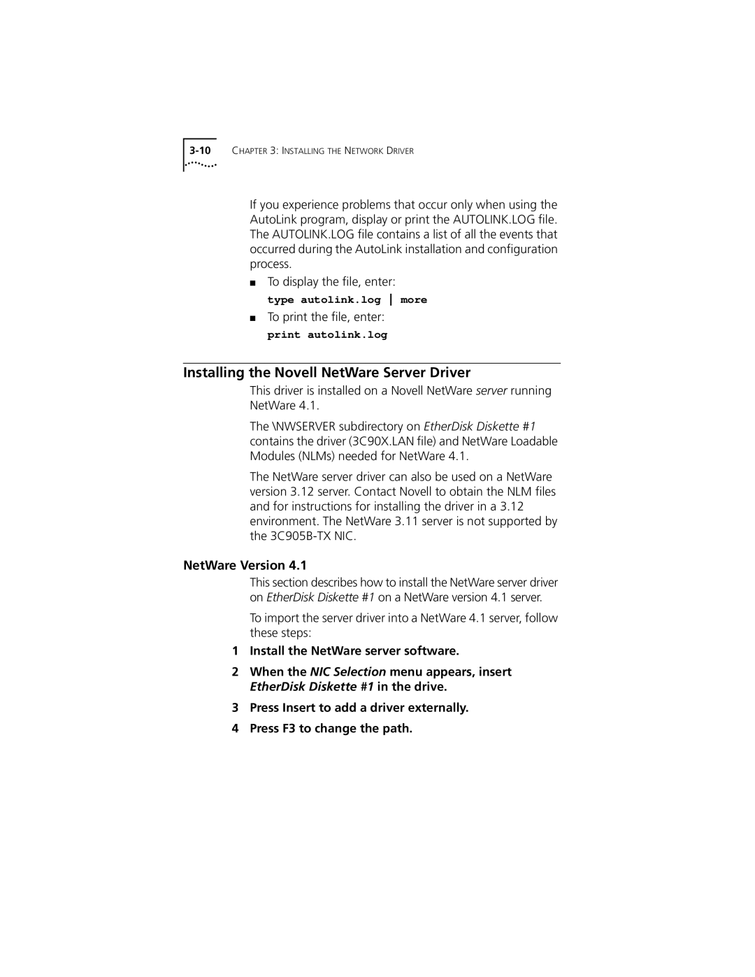 3Com XL PCI manual Installing the Novell NetWare Server Driver, NetWare Version 