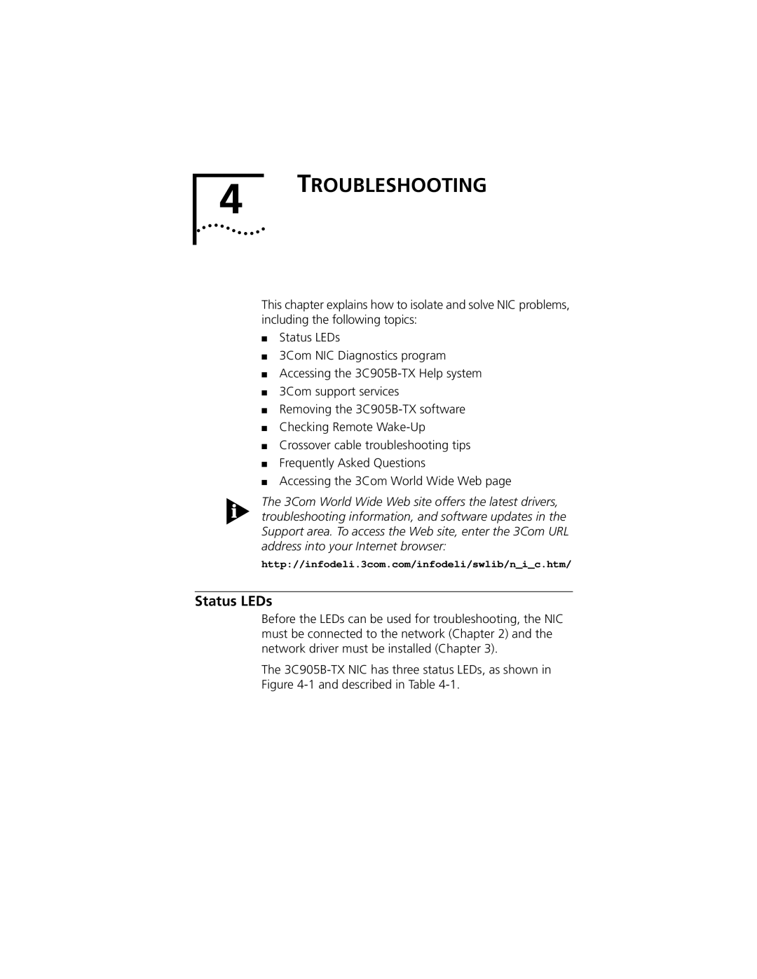 3Com XL PCI manual Troubleshooting, Status LEDs 