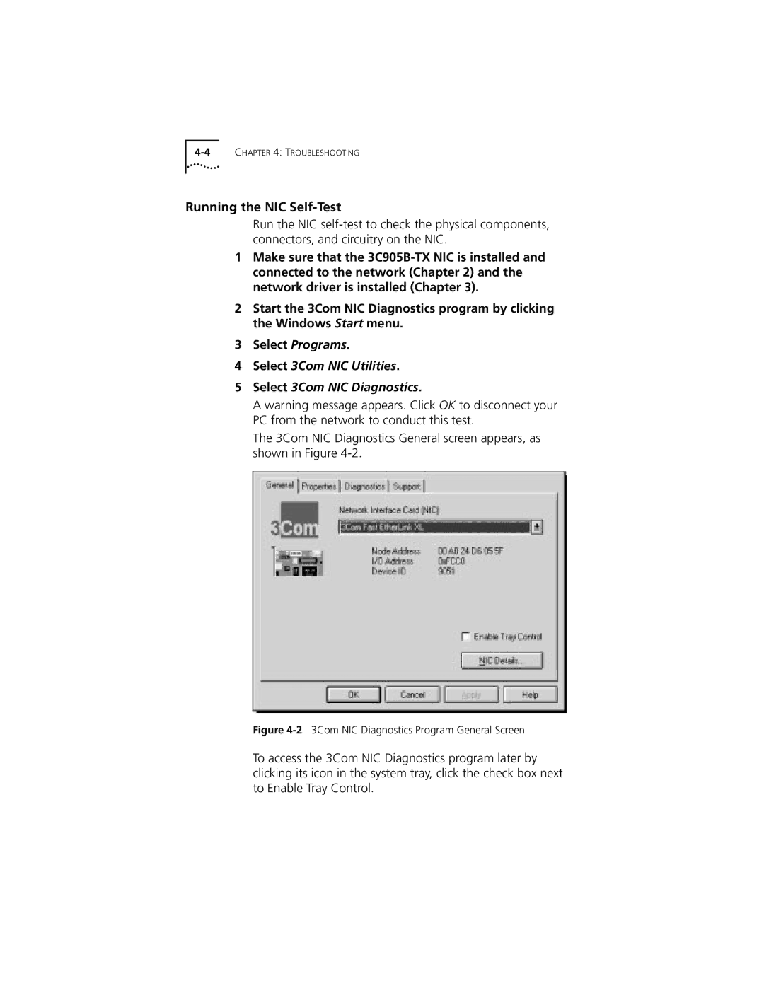 3Com XL PCI manual Running the NIC Self-Test, Select 3Com NIC Utilities Select 3Com NIC Diagnostics 