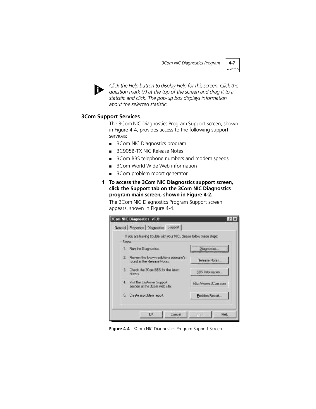 3Com XL PCI manual 3Com Support Services, 43Com NIC Diagnostics Program Support Screen 