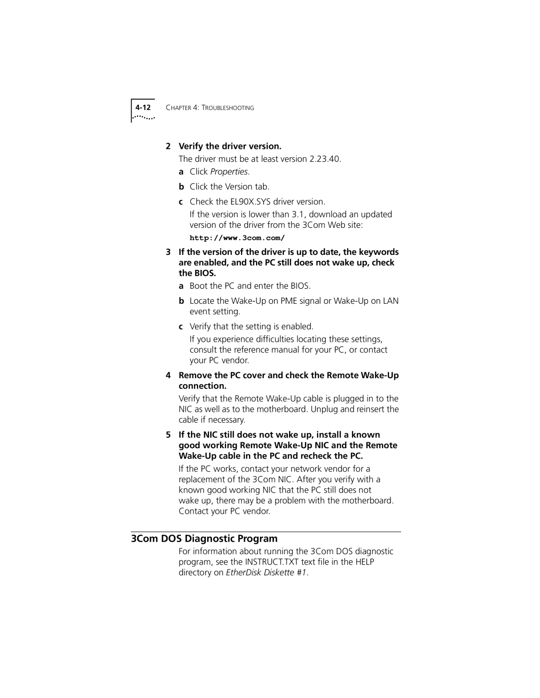 3Com XL PCI manual 3Com DOS Diagnostic Program, Verify the driver version 