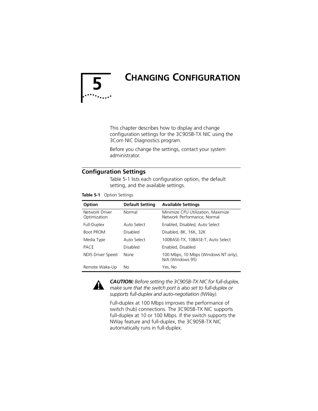 3Com XL PCI manual Changing Configuration, Conﬁguration Settings, Option Default Setting Available Settings 