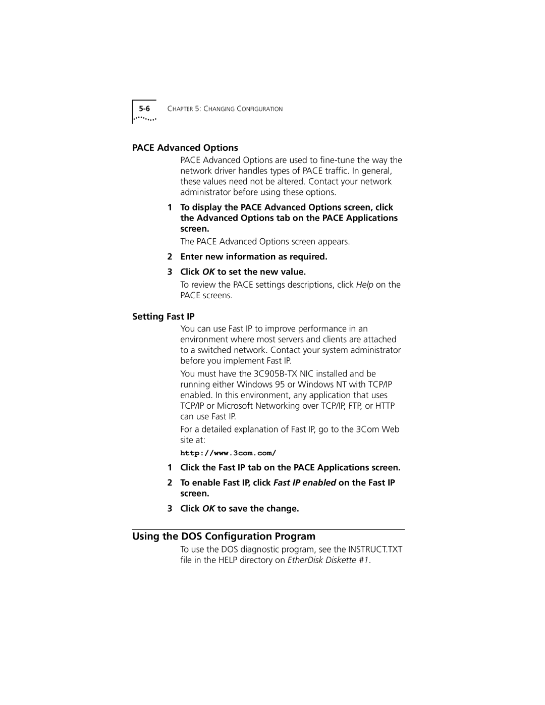 3Com XL PCI manual Using the DOS Conﬁguration Program, Pace Advanced Options, Setting Fast IP 