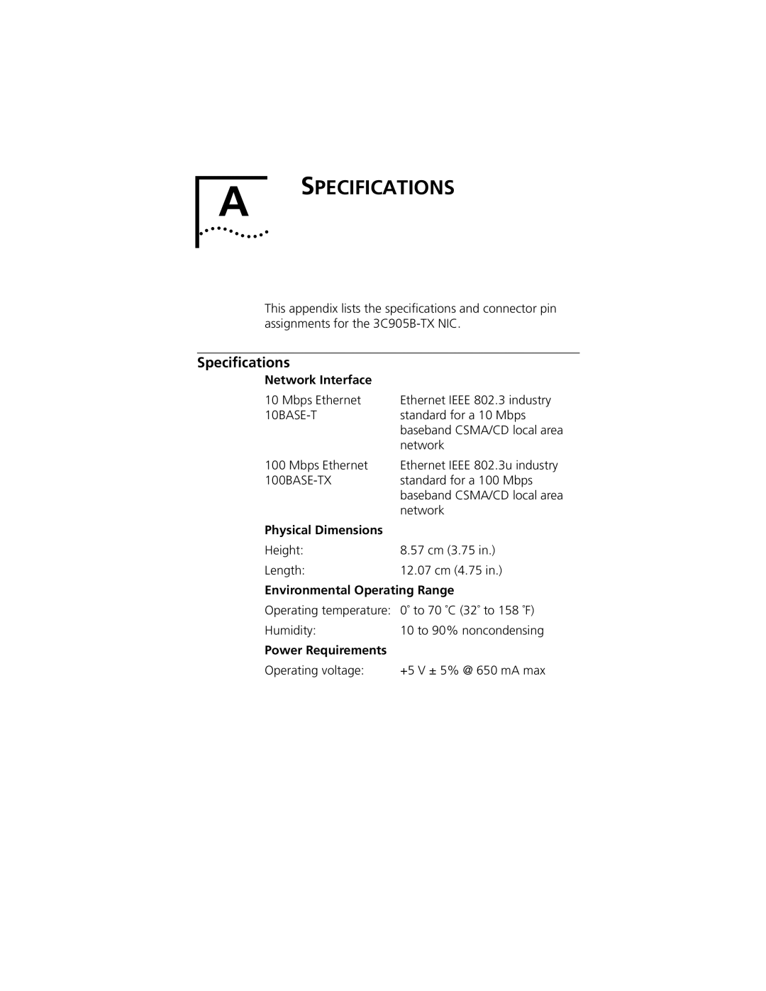 3Com XL PCI manual Specifications, Speciﬁcations 