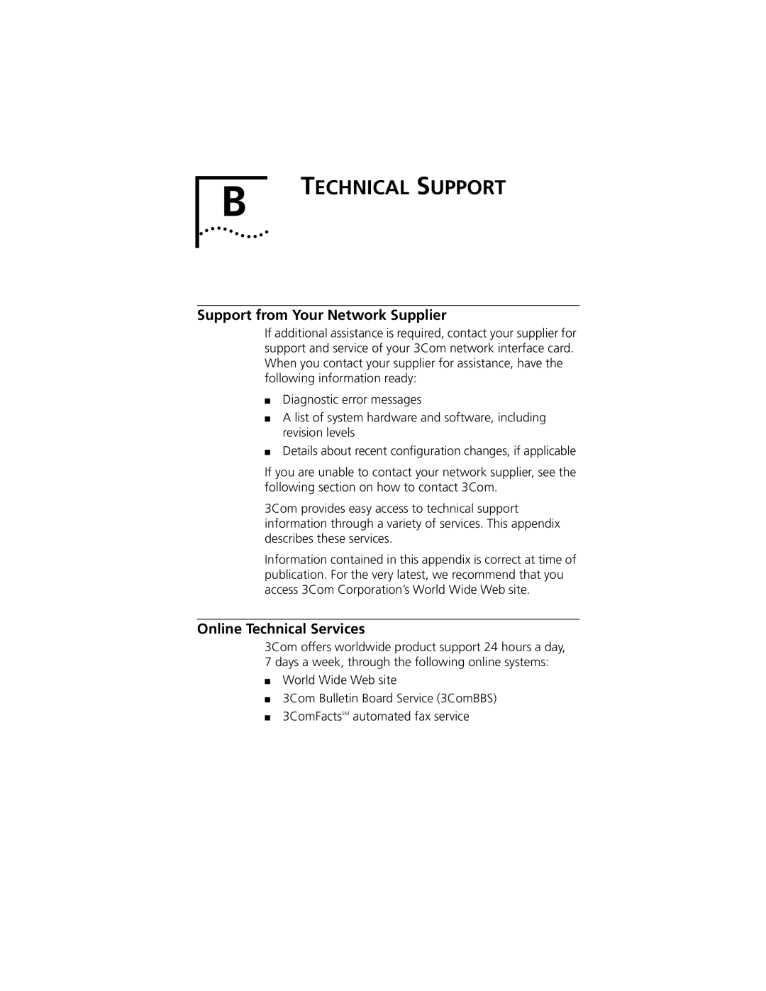 3Com XL PCI manual Support from Your Network Supplier, Online Technical Services 