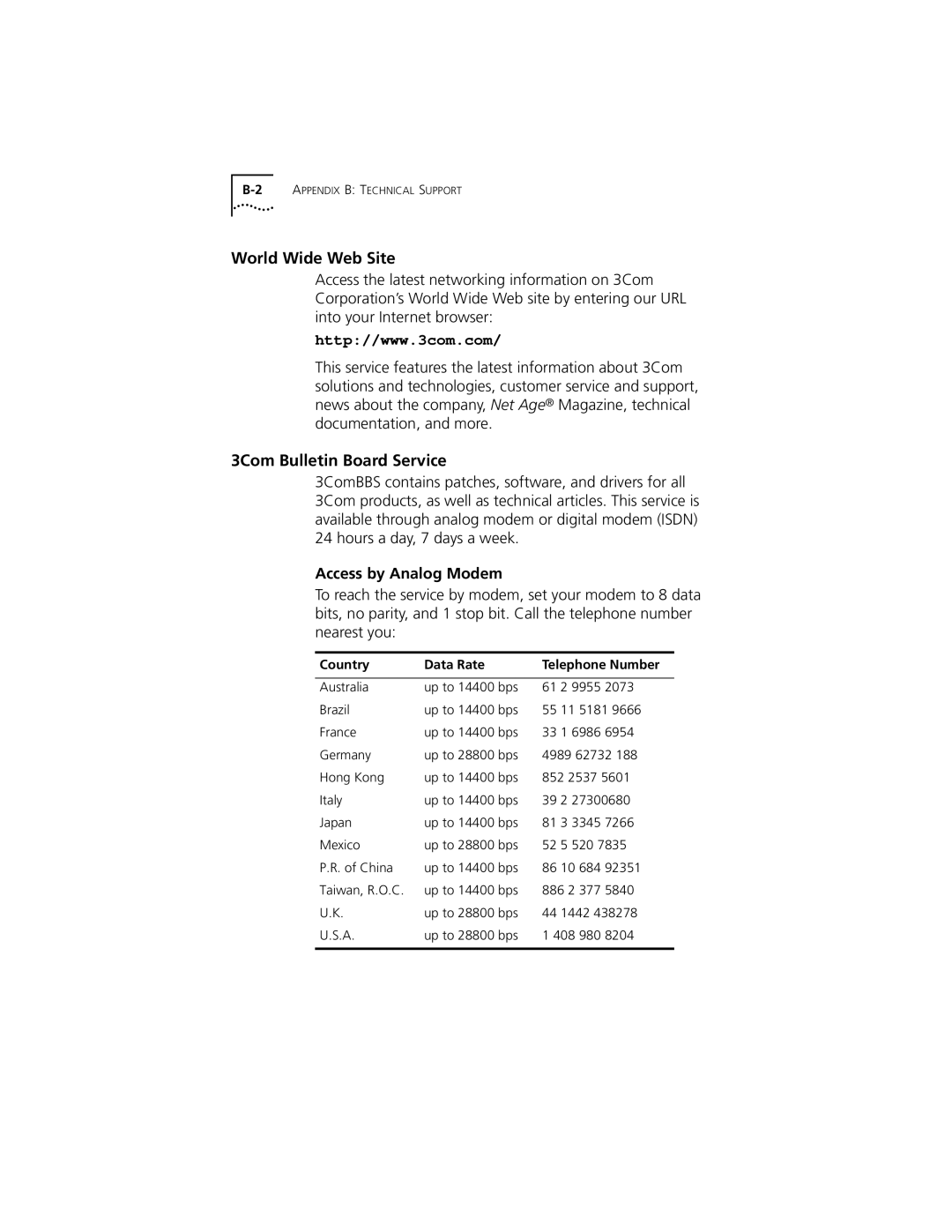 3Com XL PCI World Wide Web Site, 3Com Bulletin Board Service, Access by Analog Modem, Country Data Rate Telephone Number 