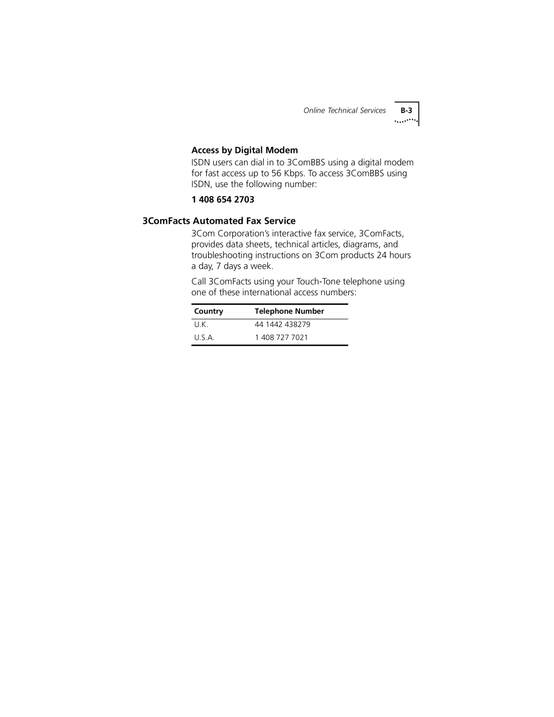 3Com XL PCI manual 3ComFacts Automated Fax Service, Access by Digital Modem, 408 654, Country Telephone Number 