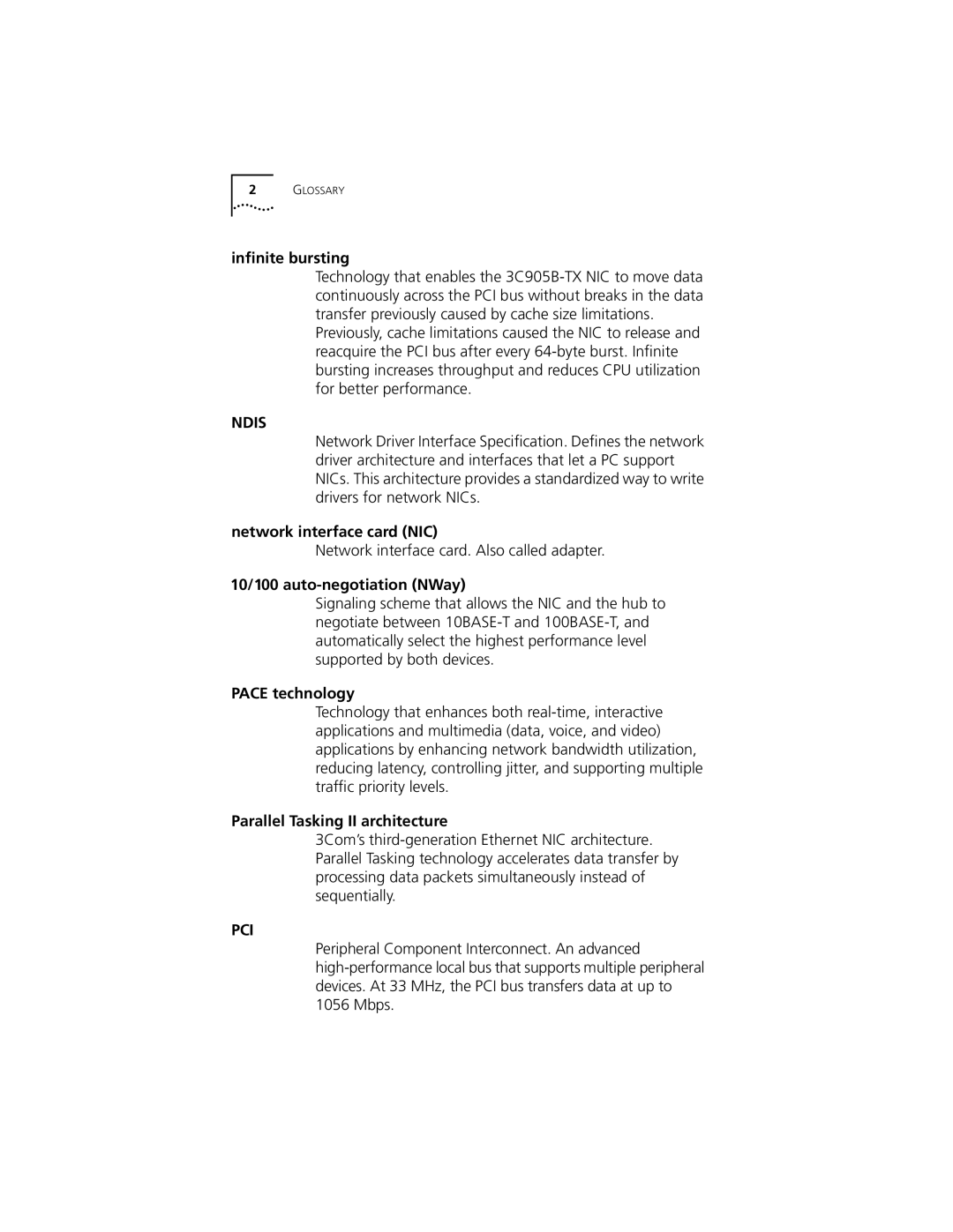 3Com XL PCI manual Inﬁnite bursting, Network interface card NIC, 10/100 auto-negotiation NWay, Pace technology 