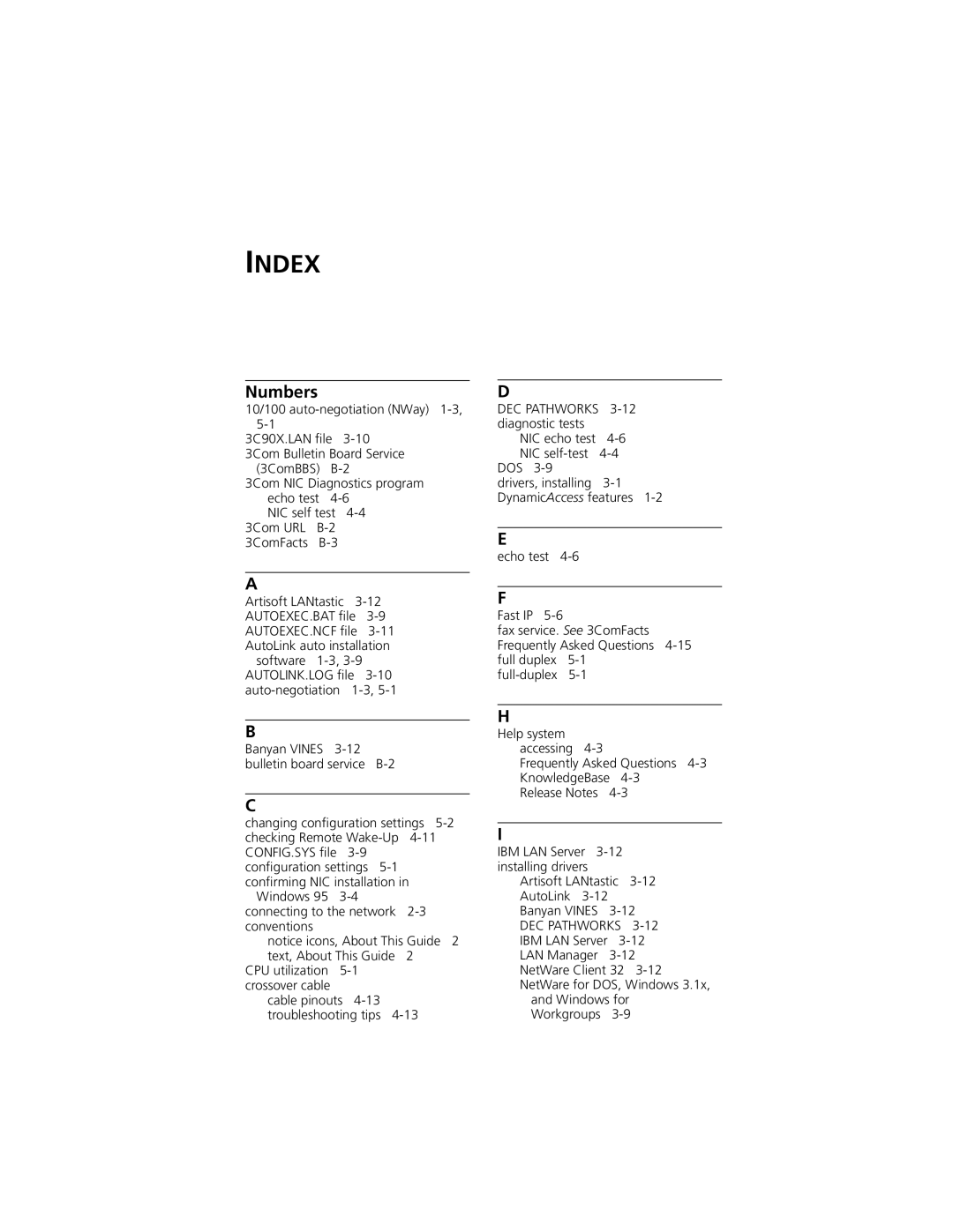 3Com XL PCI manual Index, Numbers 