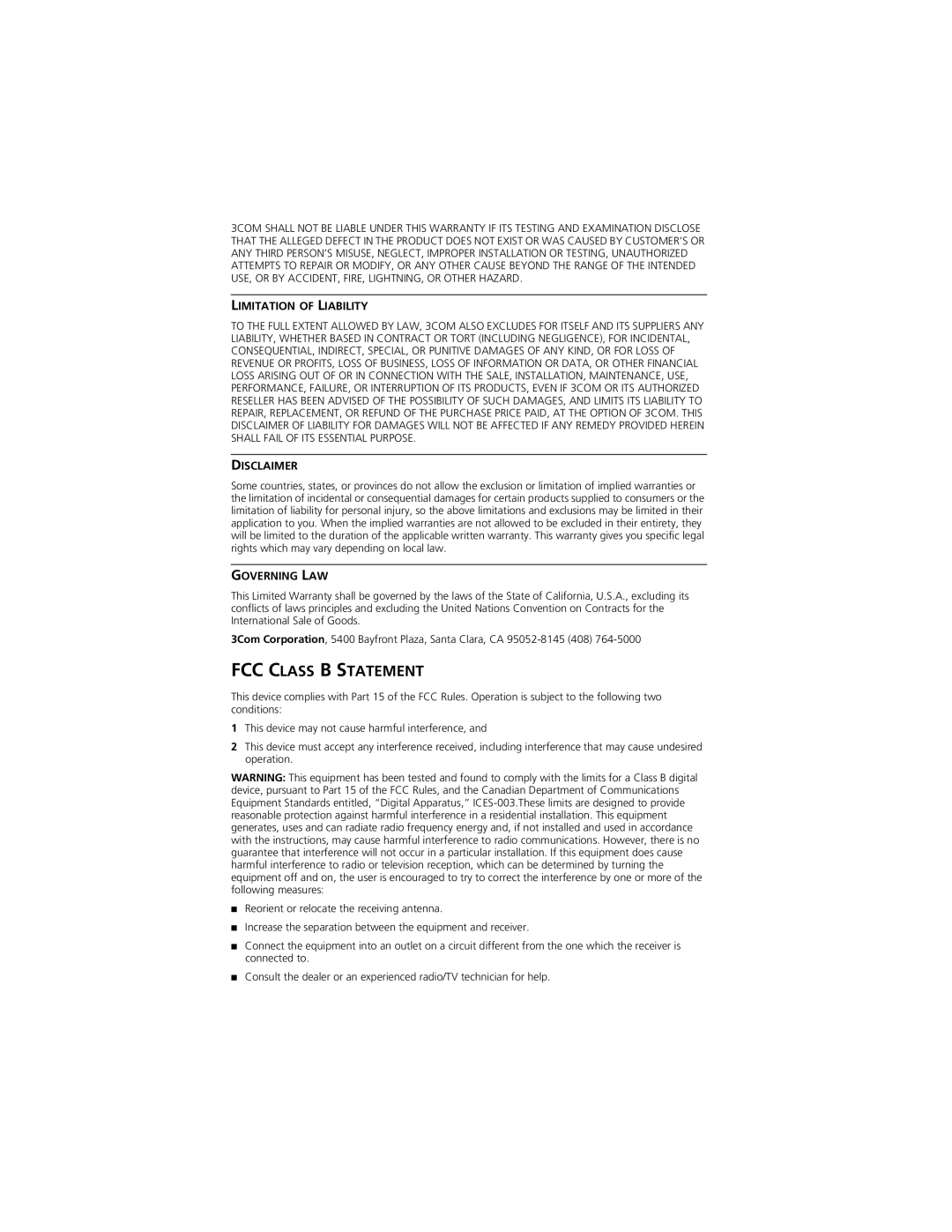 3Com XL PCI manual FCC Class B Statement 