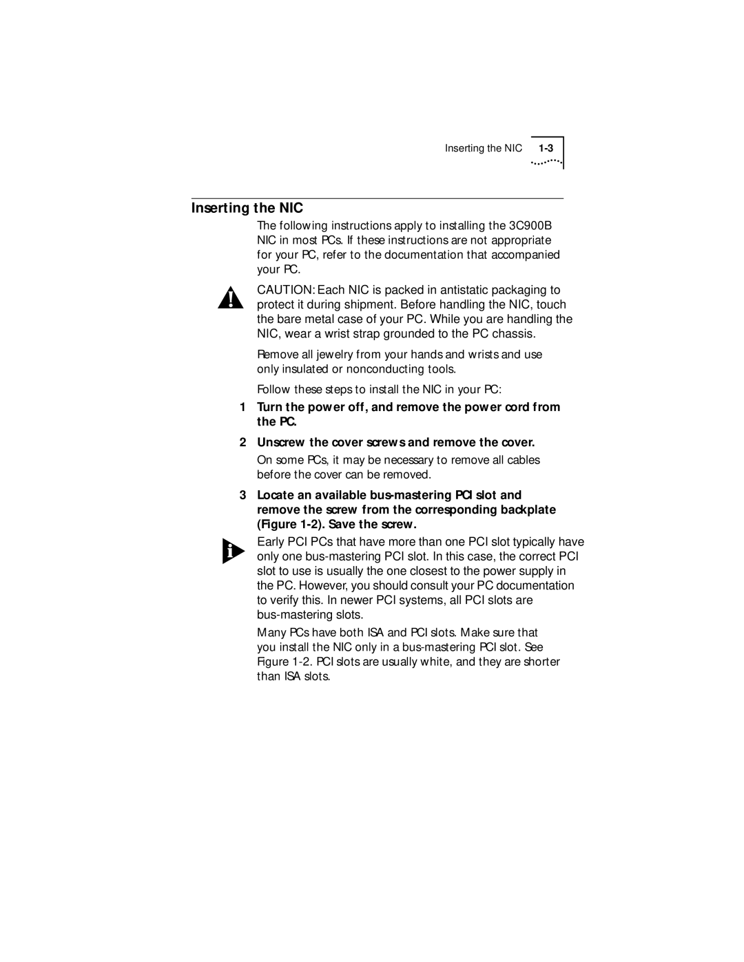 3Com XLPCI manual Inserting the NIC 