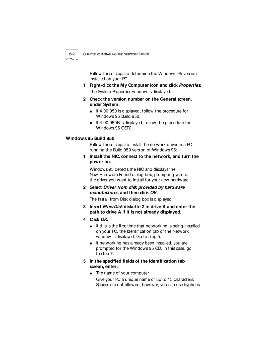 3Com XLPCI manual Windows 95 Build, Speciﬁed ﬁelds of the Identiﬁcation tab screen, enter 