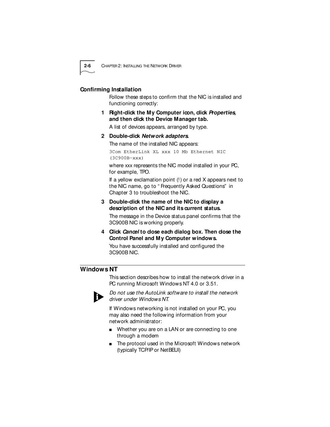 3Com XLPCI manual Windows NT, Conﬁrming Installation 