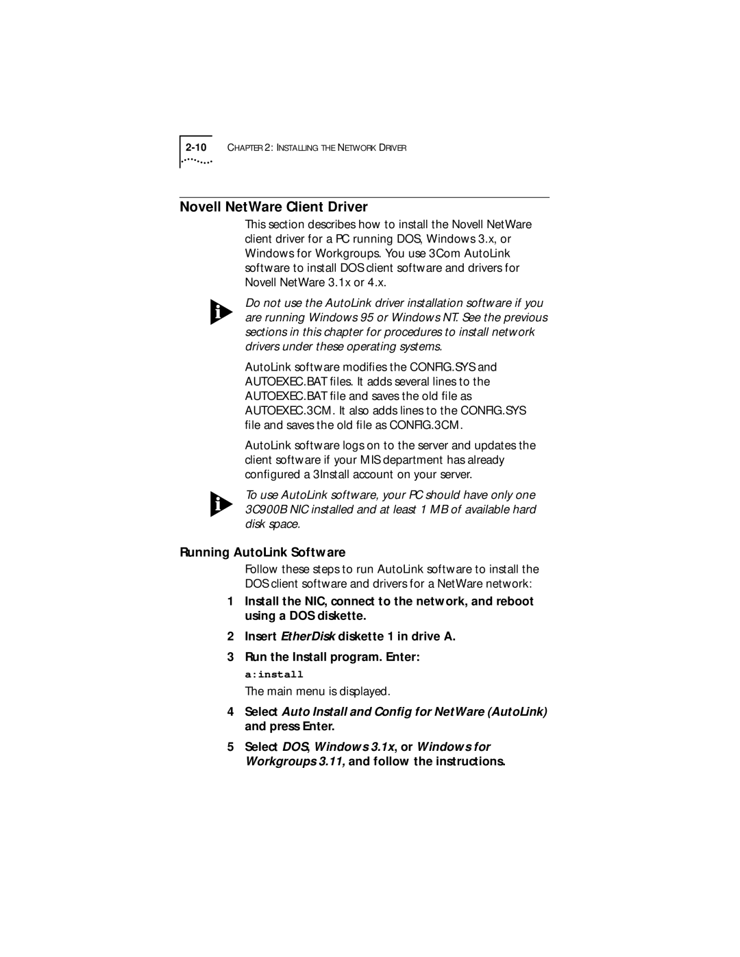 3Com XLPCI manual Novell NetWare Client Driver, Running AutoLink Software 