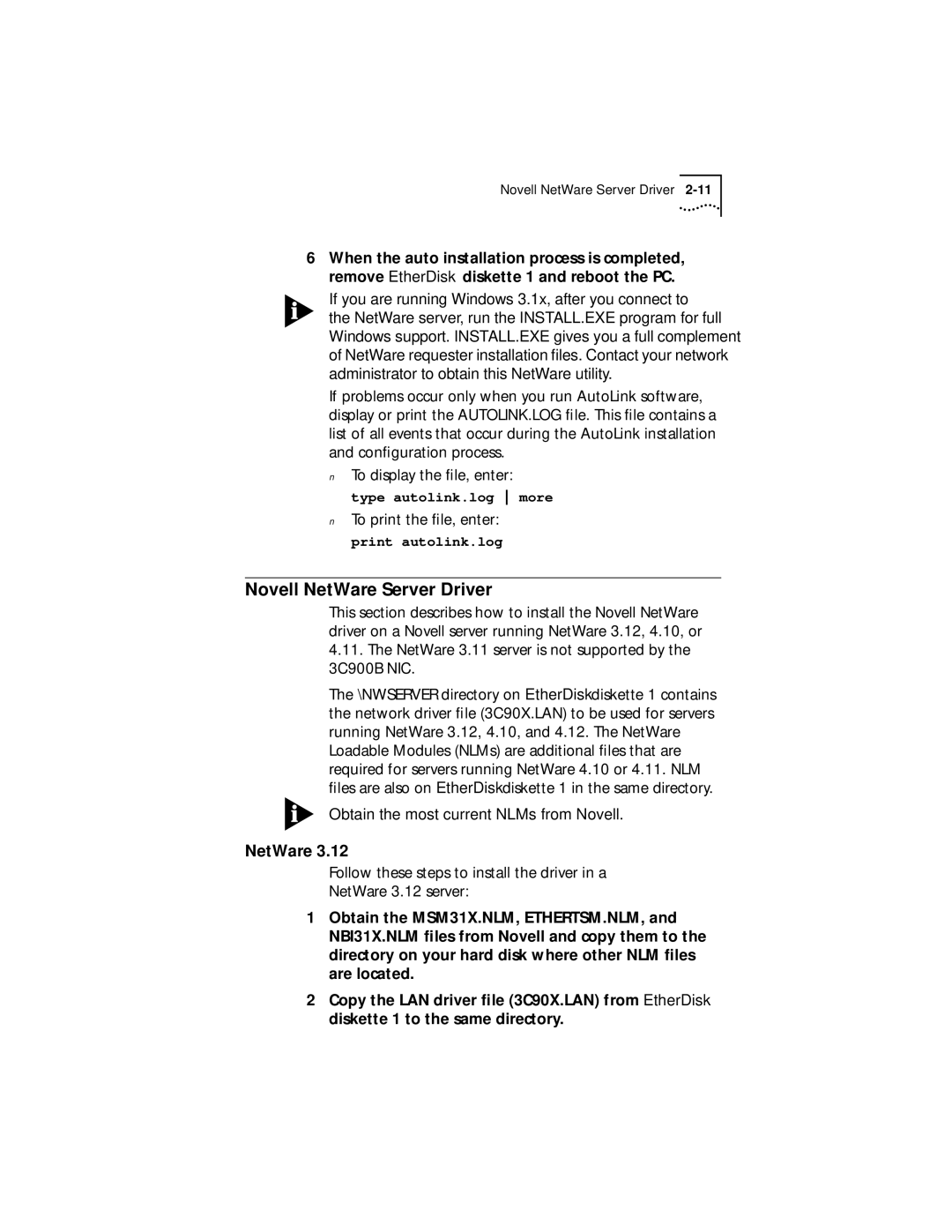 3Com XLPCI manual Novell NetWare Server Driver 