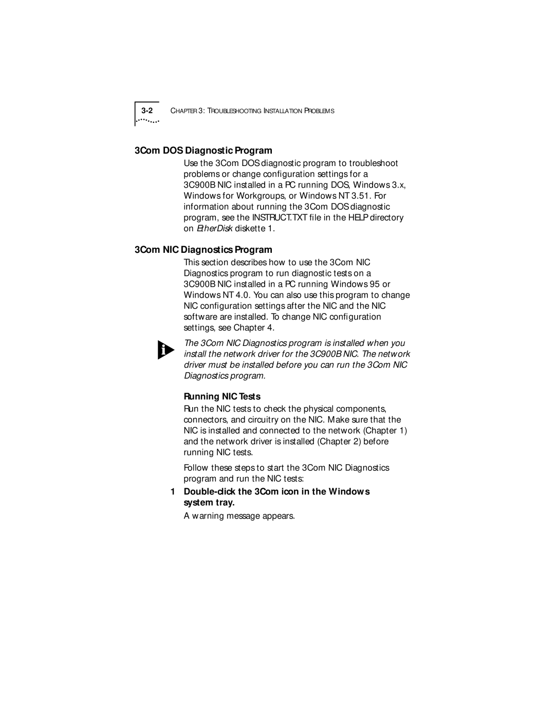 3Com XLPCI manual 3Com DOS Diagnostic Program, 3Com NIC Diagnostics Program, Running NIC Tests 