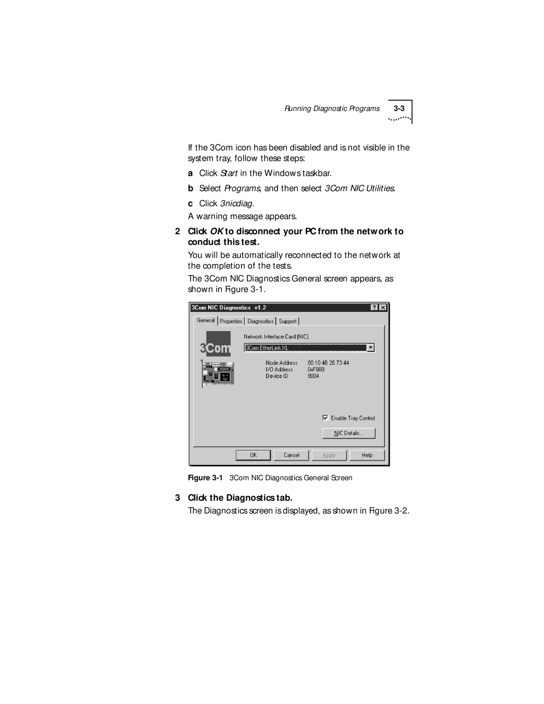 3Com XLPCI manual Click the Diagnostics tab, 13Com NIC Diagnostics General Screen 