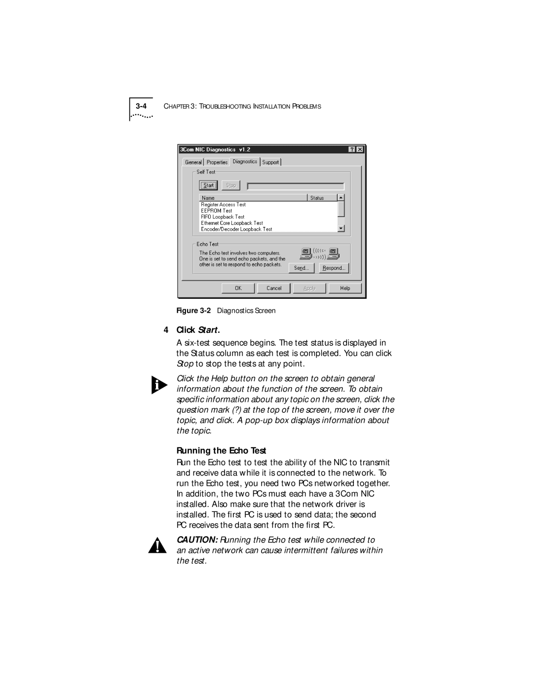 3Com XLPCI manual Click Start, Running the Echo Test 