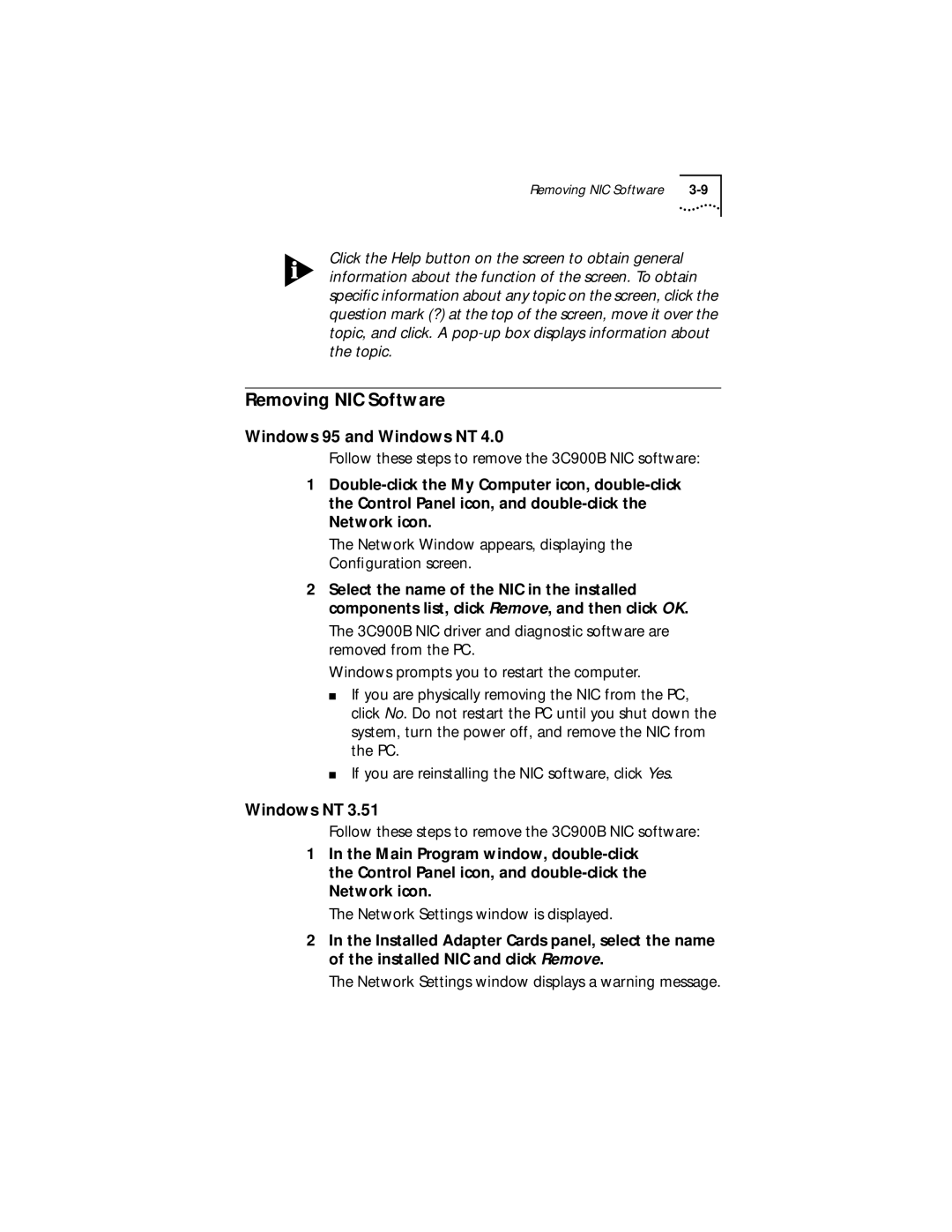 3Com XLPCI manual Removing NIC Software, Windows 95 and Windows NT 