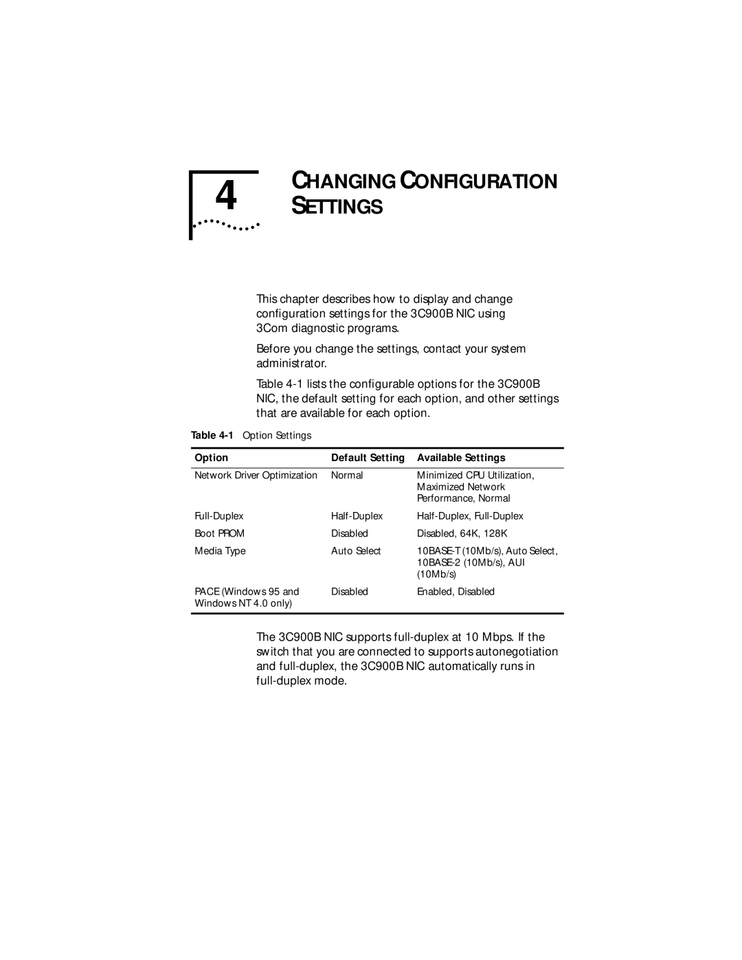 3Com XLPCI manual Changing Configuration Settings, Option Default Setting Available Settings 