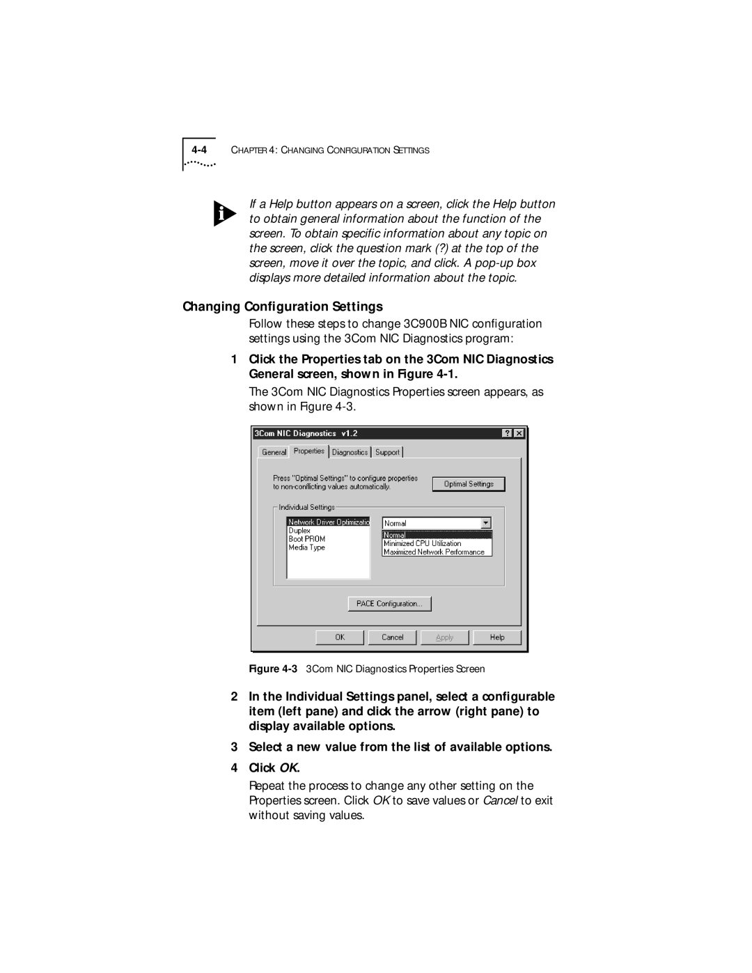 3Com XLPCI manual Changing Conﬁguration Settings, 33Com NIC Diagnostics Properties Screen 