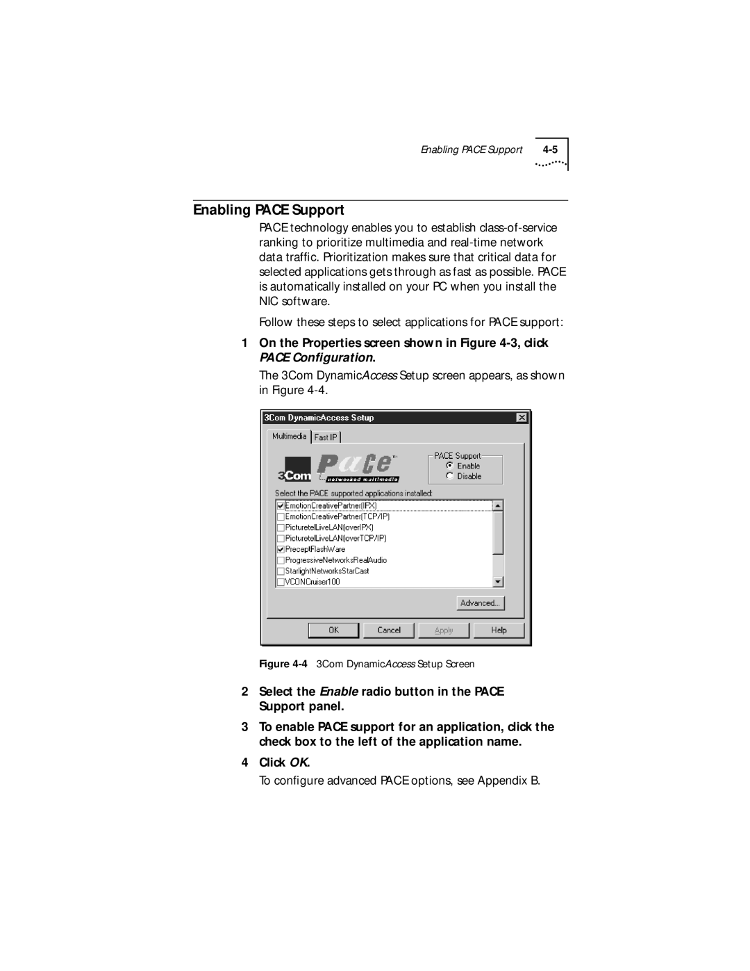 3Com XLPCI manual Enabling Pace Support, 43Com DynamicAccess Setup Screen 