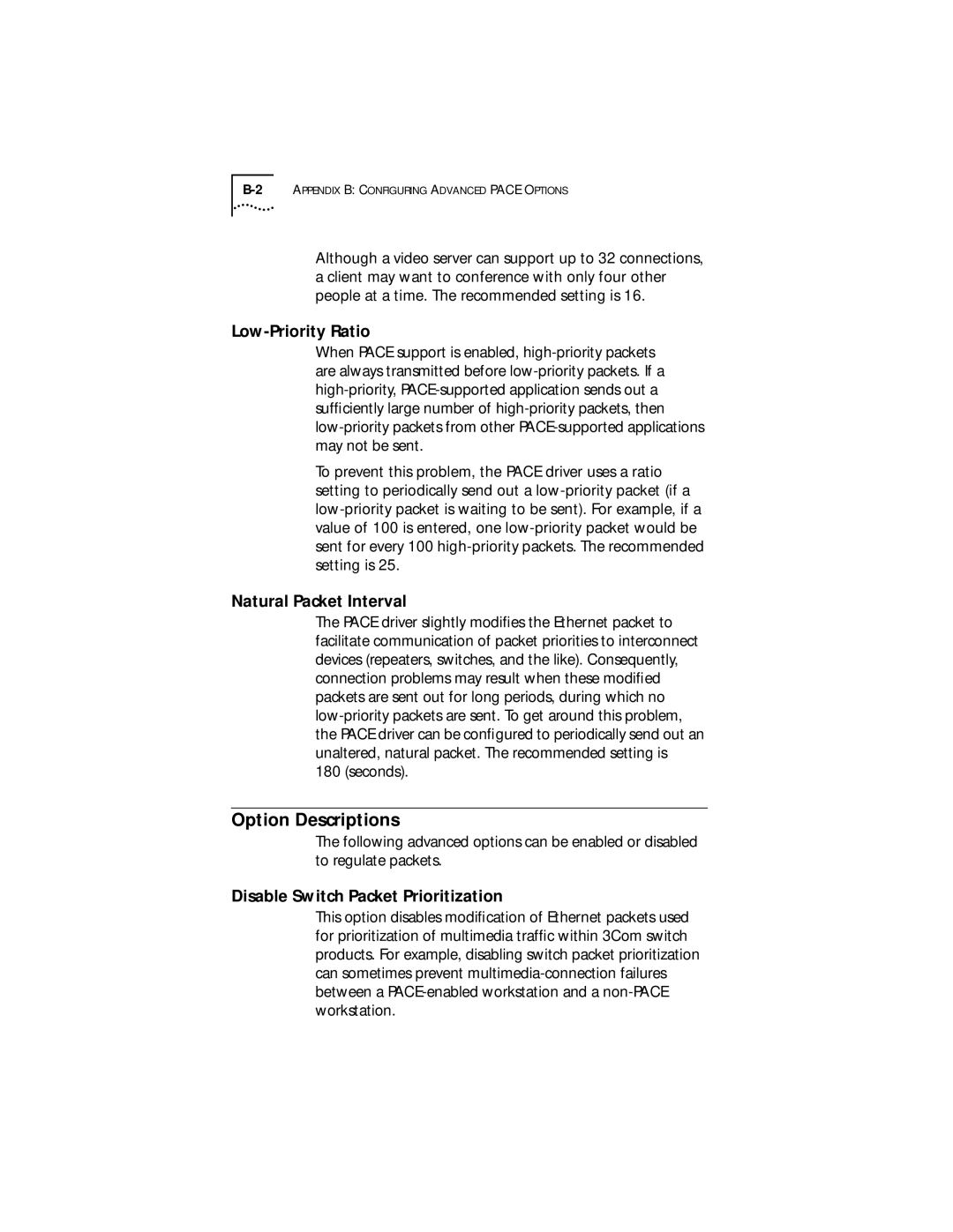 3Com XLPCI manual Option Descriptions, Low-Priority Ratio, Natural Packet Interval, Disable Switch Packet Prioritization 